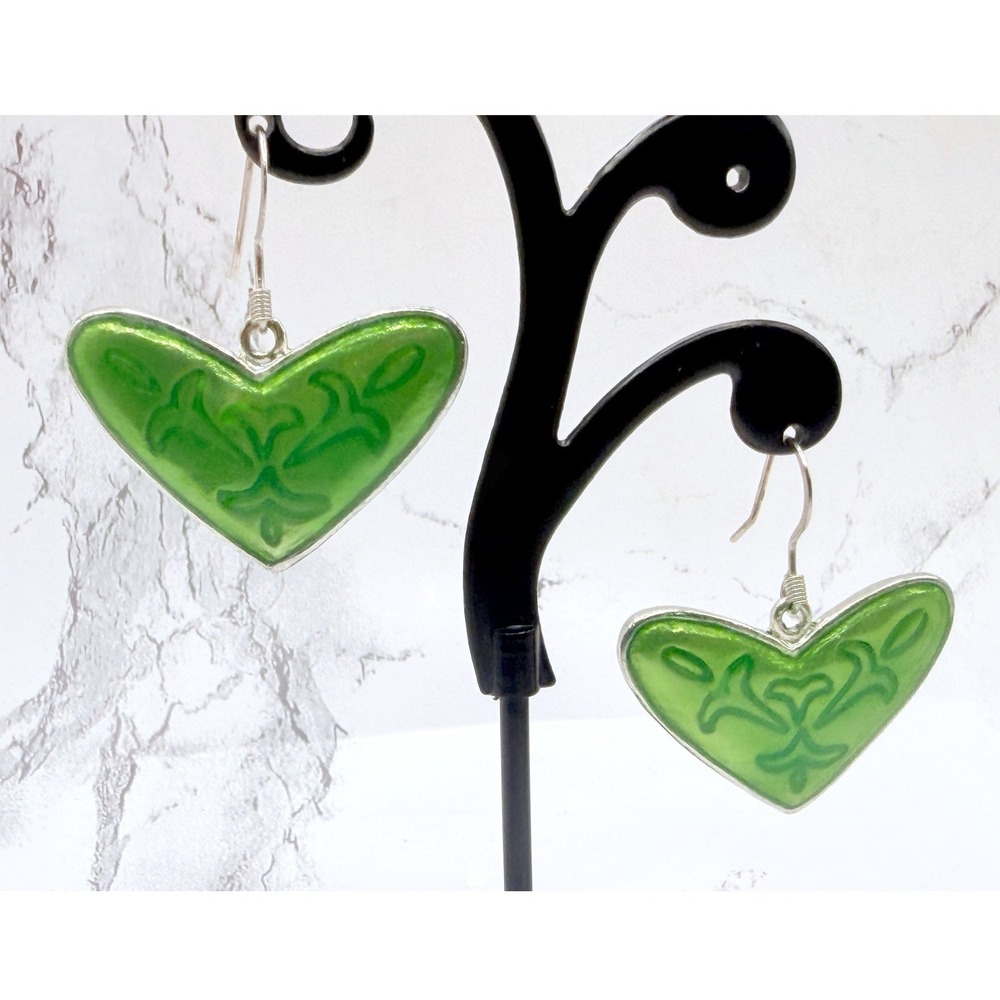 Artisan Green Wirework Heart Earrings Silver Tone‎ Dangle Pierced